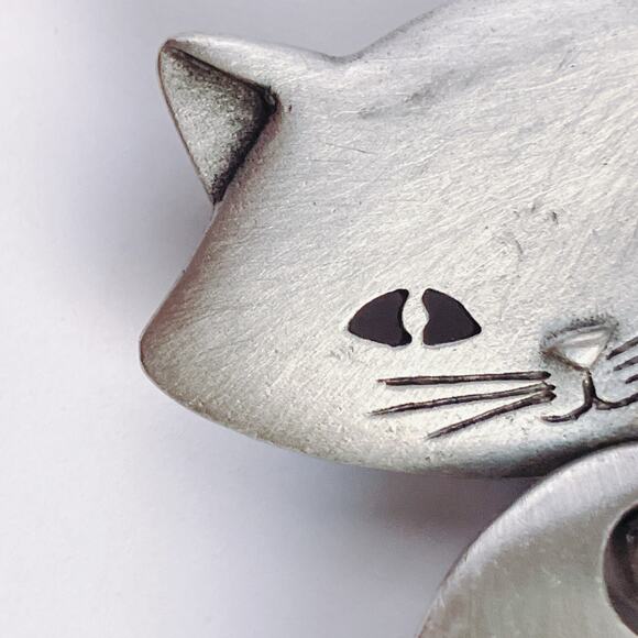Vintage Signed JJ Large Articulated Cat Brooch Silver Tone Modernist Figural - Picture 6 of 10